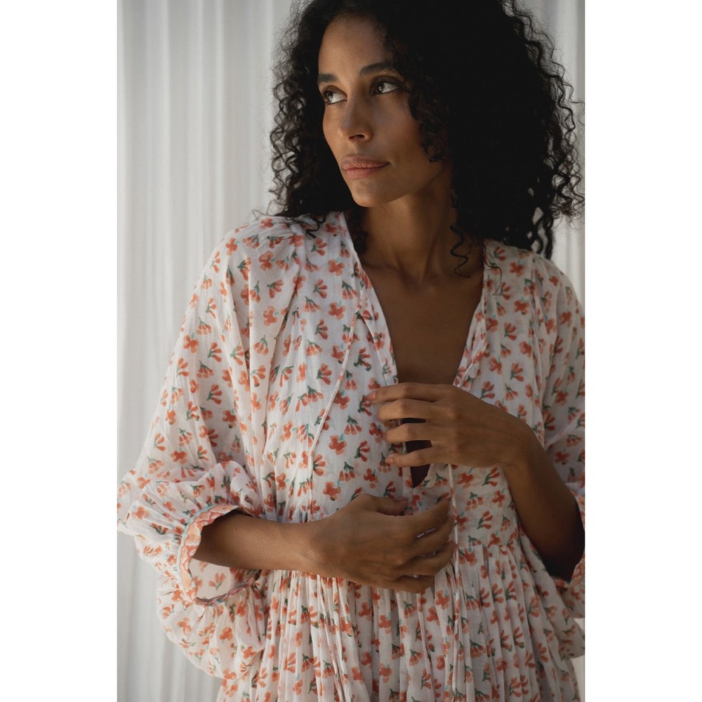 Daughters of India Kyra Midi Dress Apricot Floral Cotton Block Print 2XL XXL - Picture 2 of 8